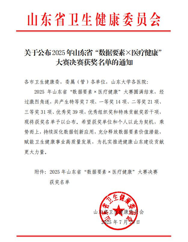 肥城市荣获山东省“数据要素×医疗健康”大赛人工智能场景应用赛道二等奖(图1)