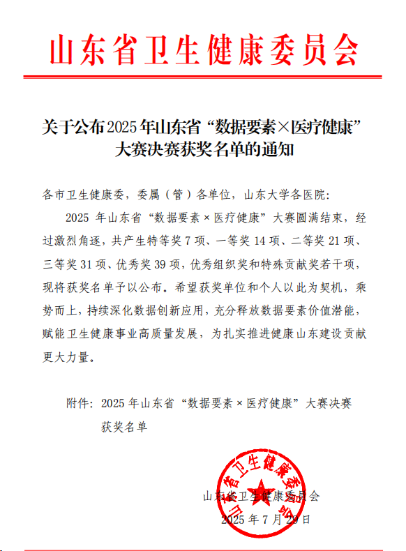齐鲁医院德州医院荣获山东省“数据要素×医疗健康”大赛一等奖(图1)