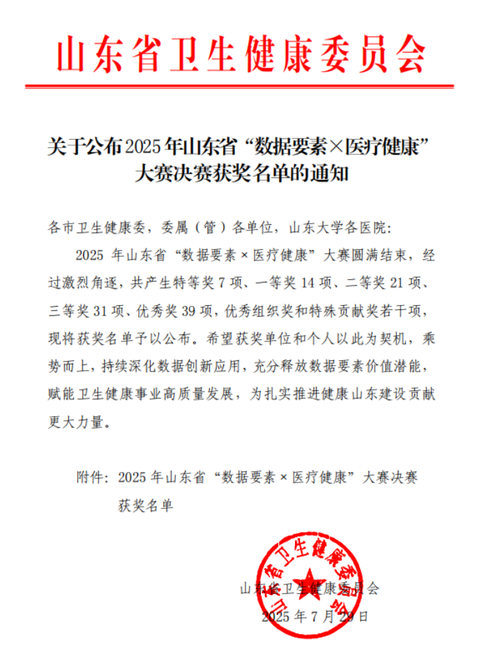 山东大学齐鲁医院德州医院荣获山东省“数据要素×医疗健康”大赛一等奖_大众网(图1)